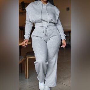 Women's Light Gray Crop Hoodie And Wide Leg Pants 2pc Set Size XL NEW